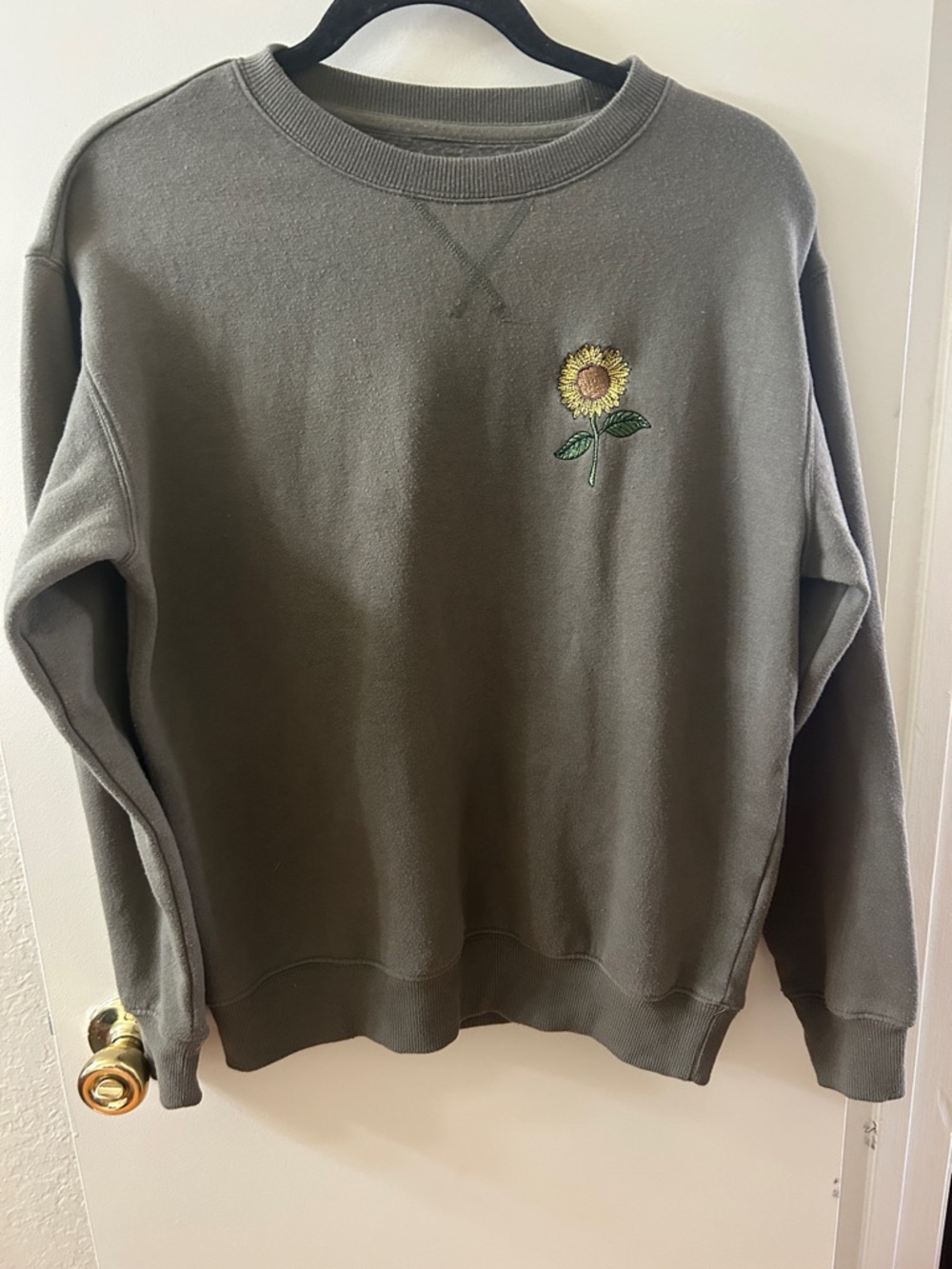 Olive Green Crewneck Sweater with Sunflower Embroidery
